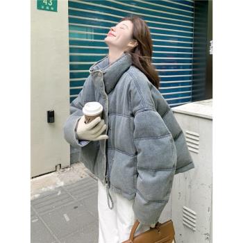 復古牛仔藍立領羽絨服女短款2024冬季新款小個子麵包服白鴨絨外套