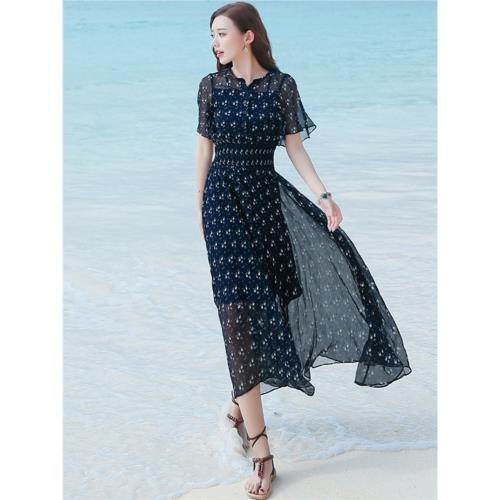 夏季新款短袖長裙雪紡印花修身連衣裙波西米亞長裙海邊度假沙灘裙