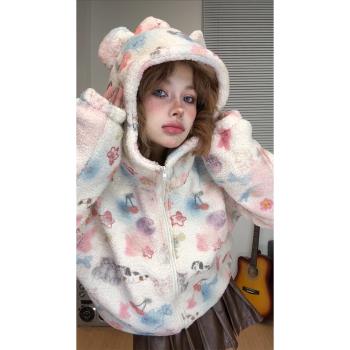 彩色可愛塗鴉羊羔毛外套女冬季寬松甜美軟妹短款加絨加厚棉衣棉服