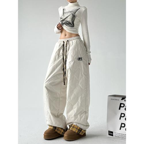 美式葫蘆紋拼色棉褲女2024冬季新款防水雪地褲加厚保暖休閑褲子