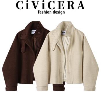 CIVICERA高階感復古氣質羊毛呢外套女秋冬小個子寬松短款絨毛大衣