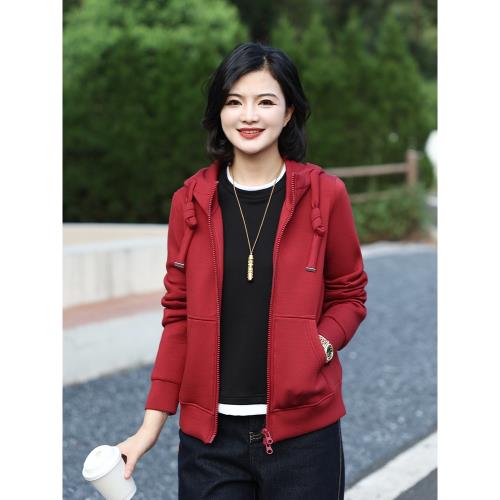楓竺高端女裝安可拉紅色抽繩連帽拉鏈長袖衛衣外套女2025秋季新款