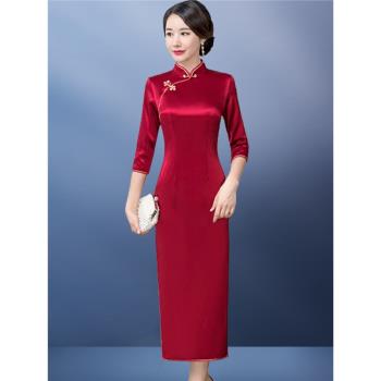 紅色旗袍復古婚宴媽媽裝禮服醋酸