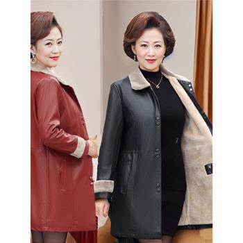 加絨加厚皮衣女中長款棉服媽媽裝皮棉衣寬松中老年皮夾克秋冬外套