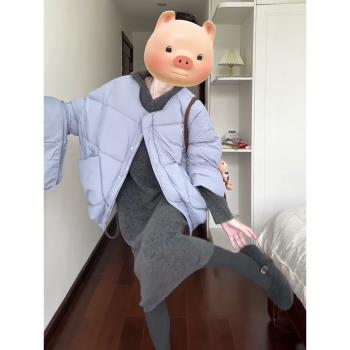 韓系溫柔奶藍色圍巾羽絨服外套女冬季短款慵懶小個子寬松輕薄外套
