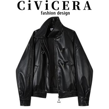 CIVICERA設計感小眾復古百搭羽絨皮衣外套女秋冬款PU皮夾克機車服