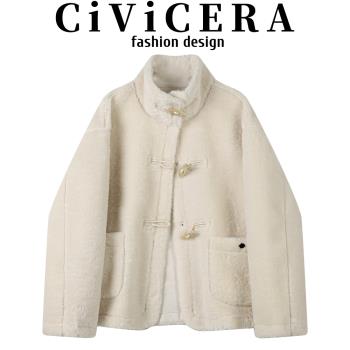 CIVICERA牛角扣復古立領仿皮絨毛毛短外套女秋冬高階感毛絨絨上衣