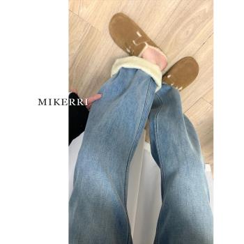 加絨加厚直筒牛仔褲女高腰秋冬大碼胖mm寬松顯瘦梨形身材闊腿褲子