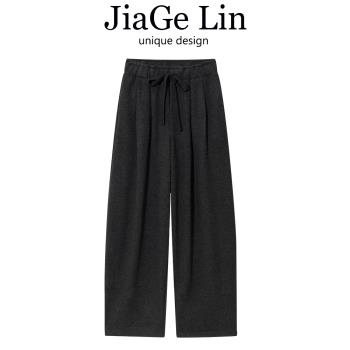 JiaGeLin深灰色慵懶風加絨加厚休閑褲女秋冬寬松顯瘦羊絨直筒長褲