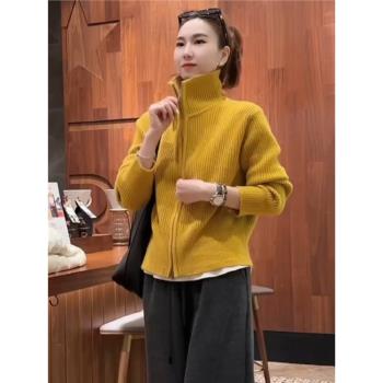 時尚雙拉鏈高領長袖毛衣女裝秋冬2024新款洋氣開衫寬松針織衫上衣