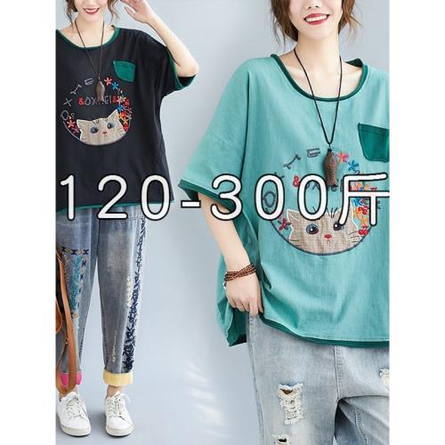 300斤特大碼女裝2025新款文藝寬松顯瘦刺繡t恤女胖mm夏裝上衣外貿