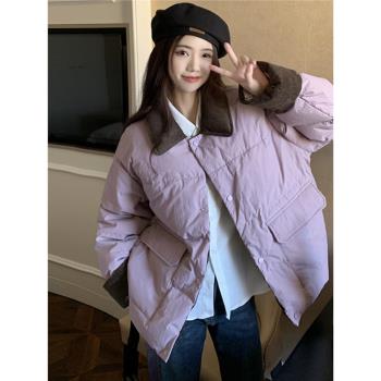 大碼女裝2024冬季新款胖mm韓版寬松簡約紫色加厚棉衣棉服保暖外套