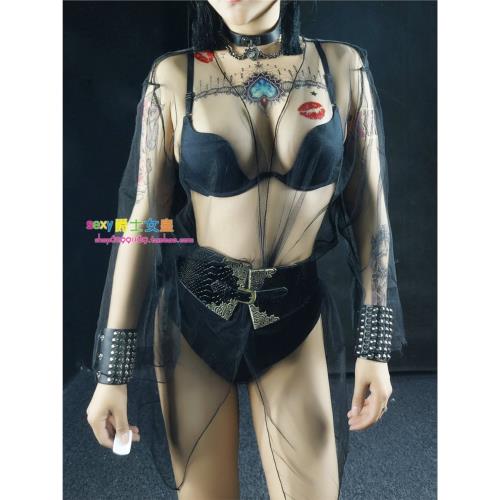 酒吧領舞bgo演出服舞臺表演套裝性感gogo點舞服黑色紗披風外套衫