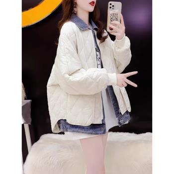 假兩件棉服女冬季外套寬松高階感休閑牛仔拼接加厚羽絨棉衣棉襖女