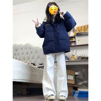美式學院風條紋拼接麵包服女小個子百搭加厚寬松冬季棉服外套女潮