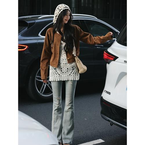 AZure美拉德棕色外套法式復古西裝麂皮長袖單排扣夾克通勤上衣女