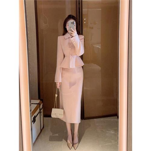 今年流行高級感兩件套新款爆款富家千金小香風粉色毛呢外套套裝女