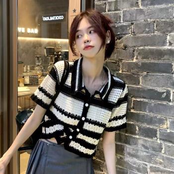 鏤空條紋短袖針織開衫女夏季薄款設計感小眾溫柔韓系別致短款上衣