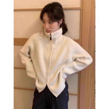 白色浣熊絨拉鏈高領毛衣外套女秋裝外穿慵懶風小個子針織開衫上衣