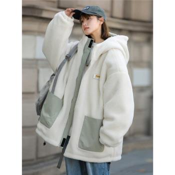 森馬旗下minette棉衣女連帽寬松加厚羊羔絨兩面穿棉服學生外套潮