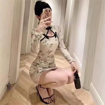 新中式國風印花改良旗袍短裙子女夏季褶皺收腰顯瘦氣質長袖連衣裙