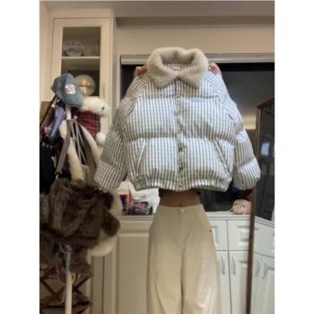 美式羊羔毛翻領條紋棉服女冬季小個子百搭加厚保暖學生棉衣外套潮