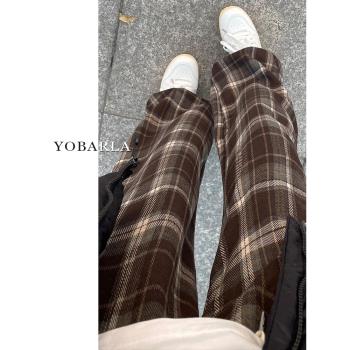 格子休閑闊腿褲女冬季加絨加厚大碼胖mm寬松顯瘦梨形身材直筒褲子