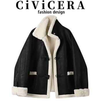 CIVICERA高階感復古立領氣質加絨皮衣女秋冬款加厚皮毛一體短外套