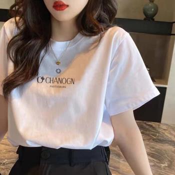 100%純棉短袖T恤夏季流行洋氣新款大碼女裝圓領寬松字母印花上衣