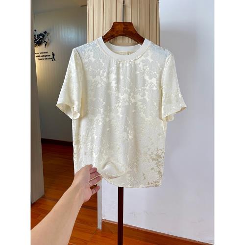 J-重磅桑蠶絲冠樂縐提花真絲上衣女夏薄時尚碎花套頭寬松T恤小衫