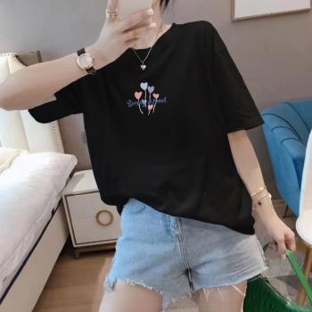 100%純棉夏季減齡休閑印花大碼女裝胖mm寬松套頭圓領短袖T恤上衣