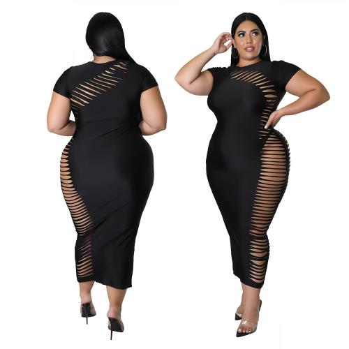XL-5XL large black hole fat MM solid color lady dress大碼裙
