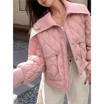翻領羽絨服女冬短款小個子粉色加厚設計感小眾菱形格90白鴨絨外套