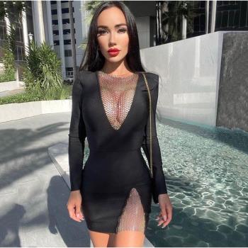 Sexy V-neck hot rhinestone women dress 性感閃鉆V領長袖短裙女