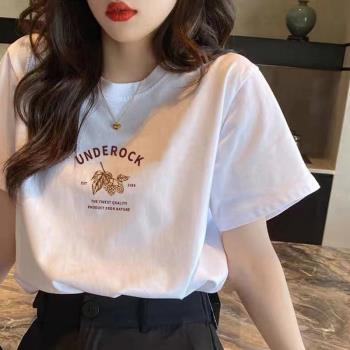 2023年新款純棉短袖t恤夏季寬松大碼女裝減齡遮肚子藏肉顯瘦上衣