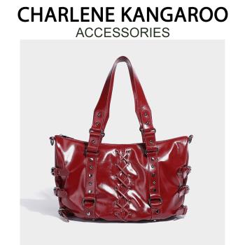CHARLENE&KANGAROO原創重工機車風托特包女大容量通勤單肩斜挎包