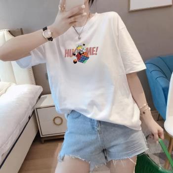 大碼女裝胖mm純棉夏季減齡休閑卡通印花寬松套頭圓領短袖T恤上衣