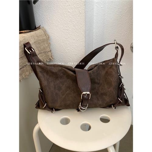 Zzhi Studios/小眾設計復古棕色單肩腋下機車包vintage古著感辣妹