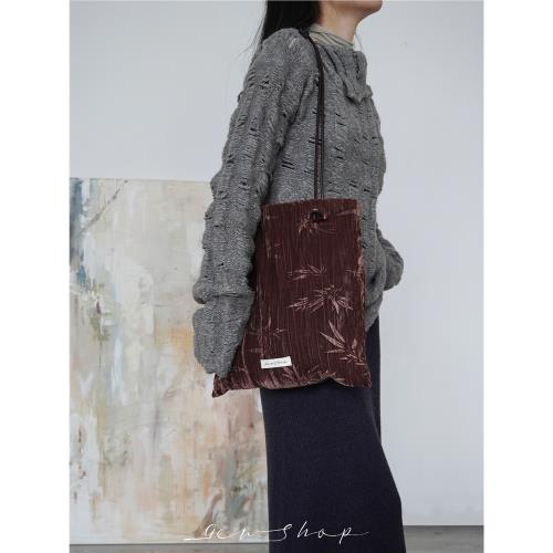 GERSHOP/新中式竹葉絲絨布袋秋冬復古牛皮繩單肩包古風質感斜跨包