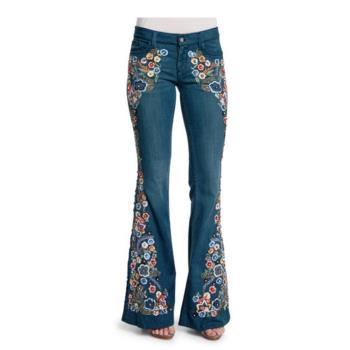 Slimming bell-bottom jeans歐美風繡花高腰修身顯瘦喇叭褲牛仔褲