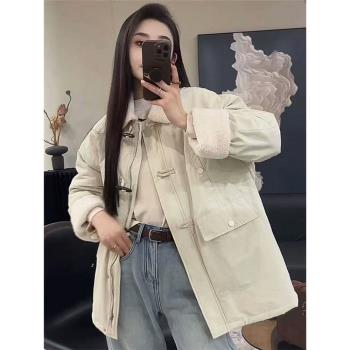 韓版拼接羊羔毛牛角扣棉服外套女2024冬季新款休閑加厚保暖棉衣潮