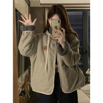 日系兩面穿連帽羊羔毛撞色格紋棉服外套女秋冬設計感寬松加厚棉衣
