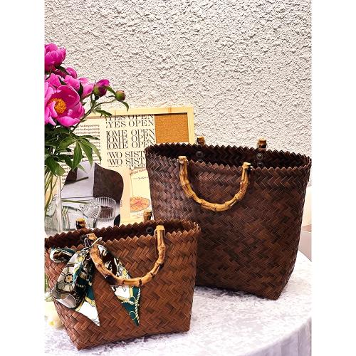 2022新款藤編手提包草編包包女夏復古袋手工編織包竹節百搭菜籃子