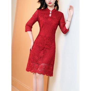 法式旗袍2023年秋冬新款新娘婚宴禮服改良版大碼女裝蕾絲連衣裙女