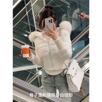 90白鴨絨羽絨服外套新款冬季小蠻腰仿狐貍毛重工設計收腰連帽上衣