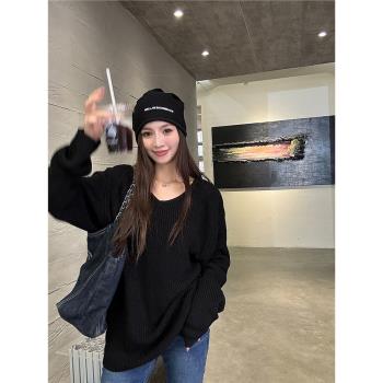 淺布調春秋黑色寬松V領毛衣女慵懶風羊毛高階感長袖針織衫上衣
