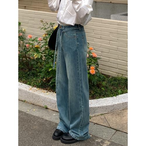 忠犬小八梨形自制牛仔褲女早春季柔軟復古藍色闊腿直筒褲牛仔褲子