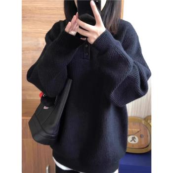 黑色高階感加厚毛衣女秋冬新款韓版寬松慵懶風亨利領針織內搭上衣