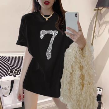 大版歐貨黑色t恤女重工燙鉆數字7寬松中長款打底衫短袖夏ins潮牌