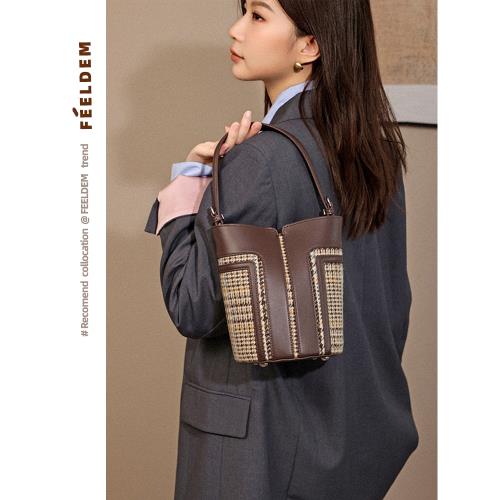 2024年秋冬新款牛皮配羊毛米蘭格水桶包女真皮通勤包包可單肩斜挎